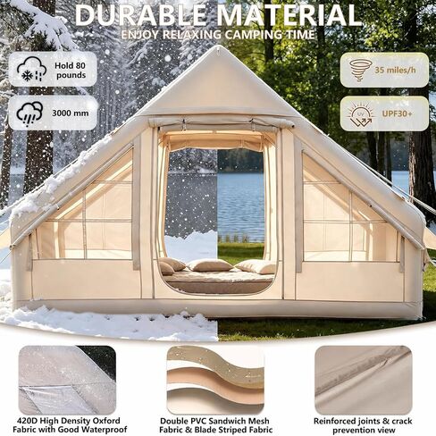 4-6 Person Inflatable Camping Tent, Panoramic PVC Skylight & Privacy Cover, 420D Oxford Waterproof UPF30+, PVC Air Beams, Mesh Ventilation, 5-Min Quick Setup Blow Up Tent for Family in Saudi Arabia
