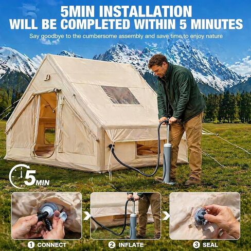 4-6 Person Inflatable Camping Tent, Panoramic PVC Skylight & Privacy Cover, 420D Oxford Waterproof UPF30+, PVC Air Beams, Mesh Ventilation, 5-Min Quick Setup Blow Up Tent for Family in Saudi Arabia