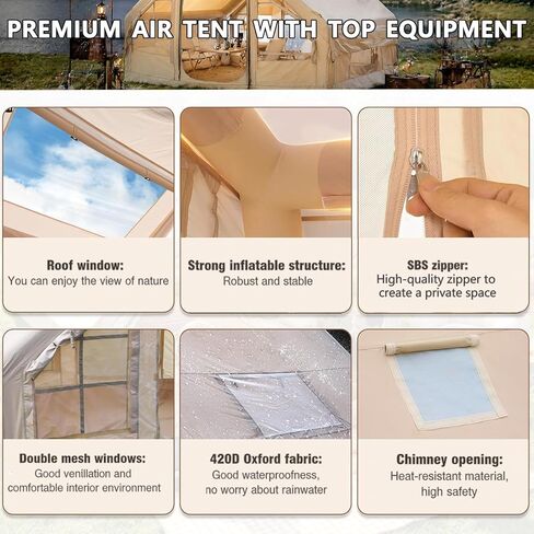 4-6 Person Inflatable Camping Tent, Panoramic PVC Skylight & Privacy Cover, 420D Oxford Waterproof UPF30+, PVC Air Beams, Mesh Ventilation, 5-Min Quick Setup Blow Up Tent for Family in Saudi Arabia