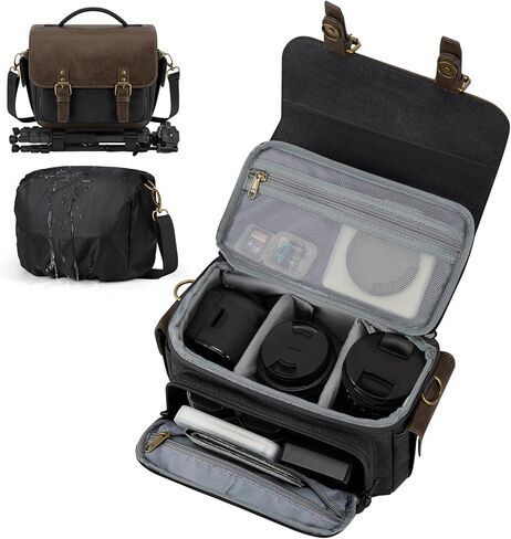 RAINSMORE Camera Bag, Vintage Canvas Camera Sling Bag Small Waterproof DSLR SLR Mirrorless Crossbody Camera Case for Photographers with Rain Cover & Tripod Holder for Sony Canon Nikon Fujifilm, Black in Saudi Arabia