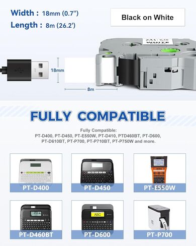 شريط أبيض مصفح 18 مم 0.7 بوصة متوافق مع Brother Tze-241 Tz-241 Tze241 PTouch Tape Tz 18 مم 3/4 بوصة أسود على أبيض لـ PTouch PTP410 PTD610BT PTD400 PTD600 PTD460BT صانع الملصقات، 6 عبوات in Saudi Arabia
