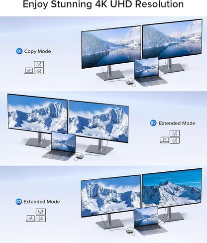 موزع UPERFECT من النوع C إلى HDMI المزدوج 4K 60 هرتز، محول USB C إلى 2 HDMI لوضع تمديد Windows/Android، وضع مرآة Mac، شاشة مزدوجة للشاشة/الكمبيوتر المحمول/الكمبيوتر الشخصي/الهاتف in Kuwait
