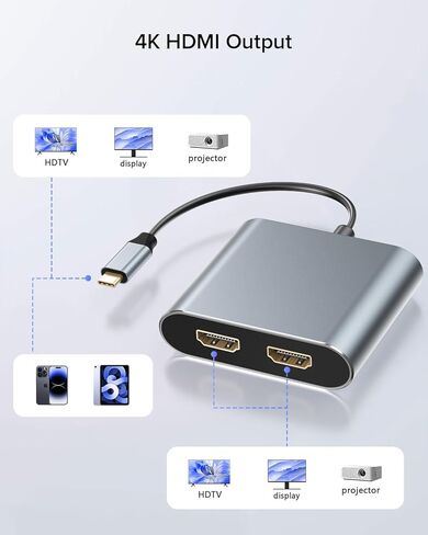 موزع UPERFECT من النوع C إلى HDMI المزدوج 4K 60 هرتز، محول USB C إلى 2 HDMI لوضع تمديد Windows/Android، وضع مرآة Mac، شاشة مزدوجة للشاشة/الكمبيوتر المحمول/الكمبيوتر الشخصي/الهاتف in Kuwait