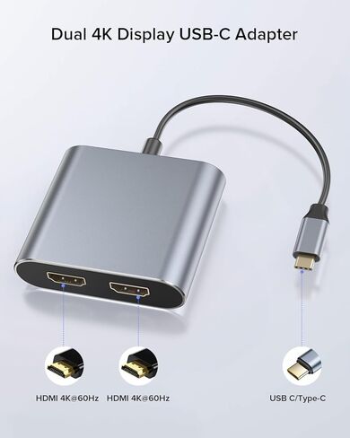 موزع UPERFECT من النوع C إلى HDMI المزدوج 4K 60 هرتز، محول USB C إلى 2 HDMI لوضع تمديد Windows/Android، وضع مرآة Mac، شاشة مزدوجة للشاشة/الكمبيوتر المحمول/الكمبيوتر الشخصي/الهاتف in Kuwait