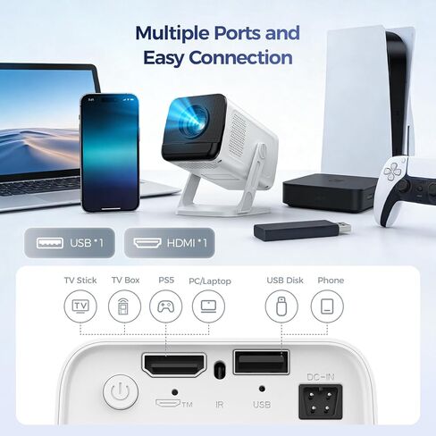 Mini Portable Projector with 4K Support, Bluetooth 5.4 WIFI6, Android 14 Smart Projector 200 ANSI, Android 11, 180° Rotation , Auto Keystone Correction Video Projector in Saudi Arabia