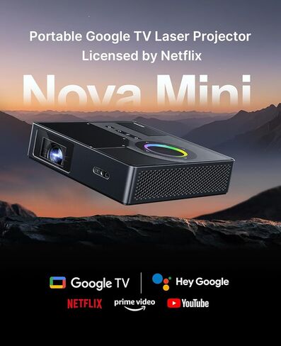 جهاز عرض ليزر NexiGo Nova Mini المحمول مع حقيبة حمل/حامل Gimbal/نظارات ثلاثية الأبعاد، تلفزيون Google مع Netflix، 1080 بكسل FHD، 1200 لومن، تباين 15000:1 مع SAE، ثلاثي الأبعاد، إعداد تلقائي، شاشة 150 بوصة، صوت Dolby 8 واط in Kuwait