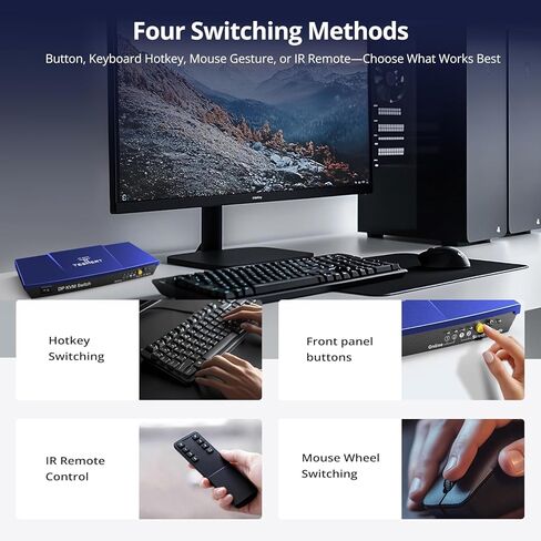 DisplayPort 4K @ 60 هرتز KVM Switch 1 شاشة 2 جهاز كمبيوتر، مفاتيح DP KVM لطابعة محركات الأقراص الصلبة لشاشة مشاركة الكمبيوتر ولوحة المفاتيح والماوس، مع USB، مسح تلقائي، مفتاح Hotkey IR، 2 كابل USB DP بطول 1.5 متر in Kuwait