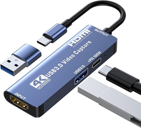 بطاقة التقاط فيديو HDMI 4K، بطاقة التقاط ألعاب USB 3.0 مع PD 100 وات، تسجيل 60 إطارًا في الثانية لكاميرا Quest 3 PS5 Switch، Xbox Tablet PC، التوصيل والتشغيل in Kuwait