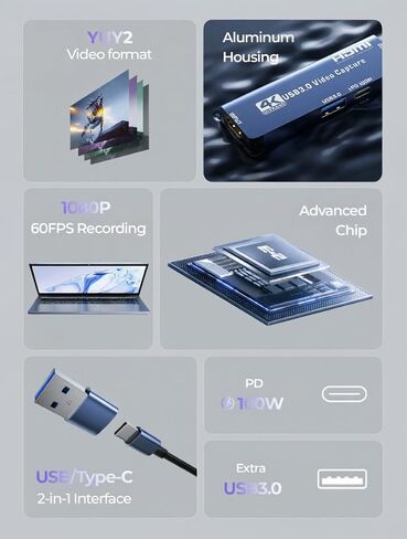 بطاقة التقاط فيديو HDMI 4K، بطاقة التقاط ألعاب USB 3.0 مع PD 100 وات، تسجيل 60 إطارًا في الثانية لكاميرا Quest 3 PS5 Switch، Xbox Tablet PC، التوصيل والتشغيل in Kuwait