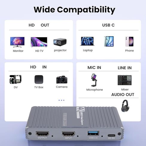 GOWENIC 4K 60Hz HDMI Capture Card, USB 3.0 1080P 60Hz Video Capture with Loop Out, 3.5mm Mic Line in Headphone for Gaming Streaming in Saudi Arabia