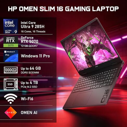 HP OMEN 16 Slim RTX 5070 Gaming Laptop, Intel Ultra 9 285H, NVIDIA RTX 5070, HyperX Audio, 16" FHD+ Anti-Glare, 64GB DDR5, 2TB SSD, 4-Zone RGB Backlit KB, Windows 11 Pro, Bundle Laptop Cooler in Saudi Arabia