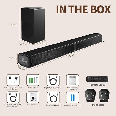 شريط صوت LARKSOUND 2 في 1 قابل للفصل مع مضخم صوت، مكبر صوت 31 بوصة للتلفزيون الذكي، مع بلوتوث 5.3/HDMI ARC/اتصالات بصرية/Aux in Kuwait
