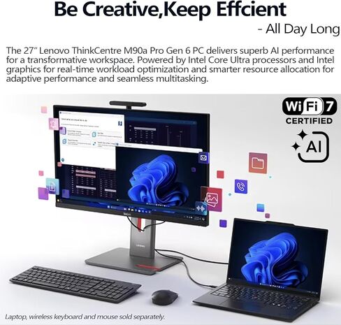 Lenovo ThinkCentre M90a Pro Gen 6 Business All-in-One, 27" QHD 120Hz Anti-Glare, Intel Core Ultra 7 265 vPro, 32GB DDR5, 1TB SSD, Wi-Fi 7, DP, HDMI, 5MP IR Webcam, Windows 11 Pro, AI-Ready, w/Bundle in Saudi Arabia