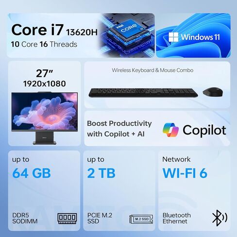 Lenovo IdeaCentre Business Computer All-in-One PC, 27" FHD 100Hz Display, Intel Core i7-13620H, 16GB DDR5, 2TB SSD, Wi-Fi 6, Windows 11 Pro with AI & Microsoft Copilot, Wireless KB & M, Grey in Saudi Arabia