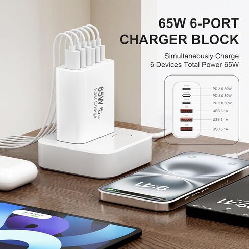 كتلة شاحن حائط سريع USB C، 2 حزمة 65 وات 6 منافذ USBC شاحن حائط iPhone شاحن شحن سريع PD محول طاقة + QC قابس حائط متعدد المنافذ من النوع C شواحن الطوب لآيفون 17 16 15 14 13Pro Max، سامسونج in Kuwait