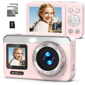 5K Digital Camera, 80MP Dual Screen Autofocus Vlogging Camera, 18X Zoom Point and Shoot Camera for Photography, Flash, 32GB Card, 2 Batteries, Compact Camera for Teens Adults (Pink) in Saudi Arabia
