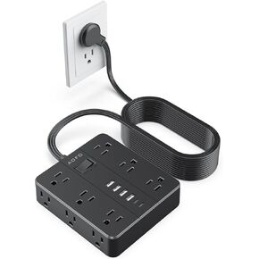 شريط طاقة للحماية من زيادة التيار - 12 منفذ تيار متردد + 6 منافذ USB (2 USB-C)، سلك تمديد مسطح بطول 5 أقدام مع منافذ متعددة، حامل على الحائط، أبيض in Kuwait