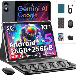 تابلت 2026 Android 15 مع لوحة مفاتيح، 26 جيجابايت + 256 جيجابايت + 2 تيرابايت، كمبيوتر لوحي 10 بوصة مع Gemini AI، ثماني النواة، 8000 مللي أمبير، 5G WiFi، Widevine L1، GPS، GMS، 2 في 1 أجهزة لوحية مع حافظة، ماوس، قلم (حافظة خضراء) in Kuwait