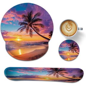 Tropical Palm Keyboard Wrist Rest Pad Ergonomic Mouse Pad Set,Sunset Trees Sea Beach 3 in 1 Memory Foam Mouse Pad with Non Slip Base for Office and Home in Saudi Arabia