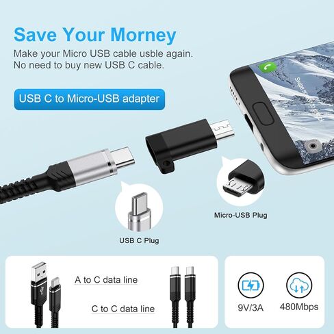 محول Micro USB إلى USB C، 4 حزم محول Micro USB 2.0 ذكر إلى نوع C أنثى للشحن ومزامنة البيانات لهاتف Samsung Galaxy A02 A01 A10 A10s S7 S6 J8 J7 J6 J5 J4 J3 J2، Note 6 5، Nexus 5 6 وأجهزة Micro USB in Saudi Arabia