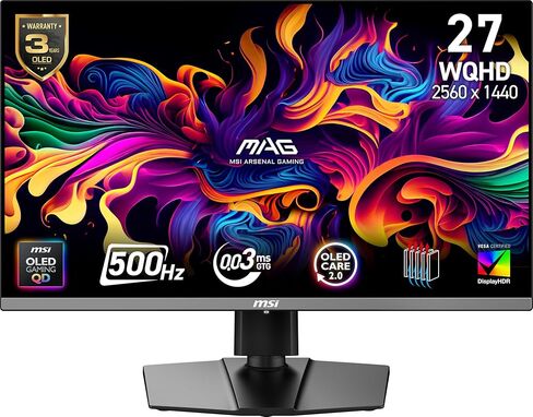 msi, MAG 272QP QD-OLED X50, 27-Inch, WQHD, 2560x1440, Gaming Monitor, Quantum Dot OLED Panel, 500Hz, 0.03ms, DisplayHDR True Black 500, HDMI 2.1, DP 1.4a, USB C (15WPD), Tilt/Height Adjustable, Black in Saudi Arabia