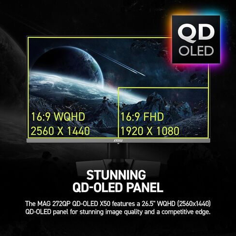 msi, MAG 272QP QD-OLED X50, 27-Inch, WQHD, 2560x1440, Gaming Monitor, Quantum Dot OLED Panel, 500Hz, 0.03ms, DisplayHDR True Black 500, HDMI 2.1, DP 1.4a, USB C (15WPD), Tilt/Height Adjustable, Black in Saudi Arabia