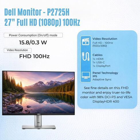 Dell P2725H 27" Full HD 1920 x 1080 Monitor - Computer Monitor Screen with Power Cable USB 3.0 Upstream, DisplayPort + HDMI Cables in Saudi Arabia