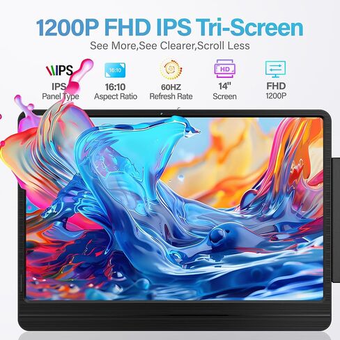 موسع شاشة الكمبيوتر المحمول، شاشة محمولة ثلاثية 14 بوصة FHD 1200P لجهاز الكمبيوتر المحمول بشاشة IPS رفيعة للغاية، توصيل وتشغيل HDMI/USB-C لأجهزة الكمبيوتر المحمولة مقاس 12 بوصة - 17.5 بوصة المتوافقة مع Win وMacBook للسفر/المنزل/المكتب in Kuwait