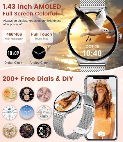 ساعة LIGE الذكية (الرد/إجراء مكالمة)، ساعات ذكية مقاومة للماء AMOLED مقاس 1.43 بوصة للنساء مع 120+ وضعًا رياضيًا/مراقب معدل ضربات القلب/متتبع النوم، ساعات للنساء لنظام Android iOS فضي in Kuwait