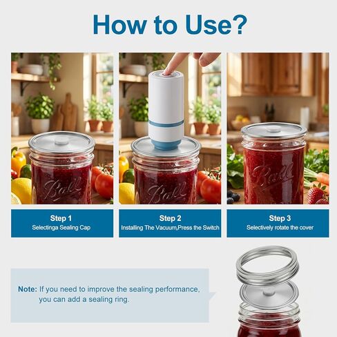 Electric Mason Jar Vacuum Sealer Kit, Sunchic 2026 Portable Jar Vacuum Sealer, No Opener Needed, Fits Wide & Regular Mouth Jars, 12 Reusable Lids & 6 Sealing Rings, Food Storage Canning Machine in Saudi Arabia