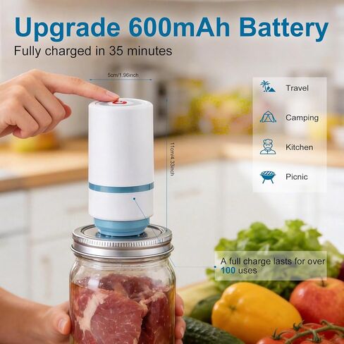 Electric Mason Jar Vacuum Sealer Kit, Sunchic 2026 Portable Jar Vacuum Sealer, No Opener Needed, Fits Wide & Regular Mouth Jars, 12 Reusable Lids & 6 Sealing Rings, Food Storage Canning Machine in Saudi Arabia