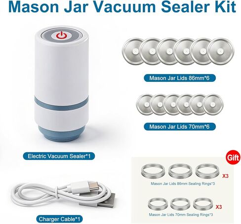 Electric Mason Jar Vacuum Sealer Kit, Sunchic 2026 Portable Jar Vacuum Sealer, No Opener Needed, Fits Wide & Regular Mouth Jars, 12 Reusable Lids & 6 Sealing Rings, Food Storage Canning Machine in Saudi Arabia