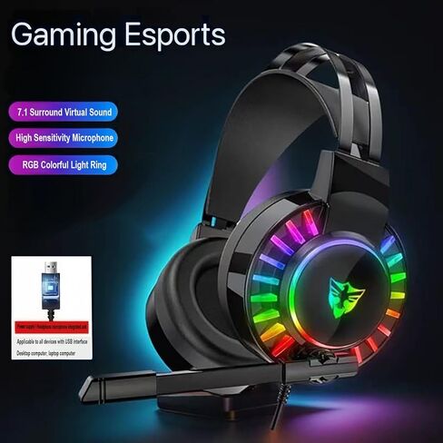 Wired Gaming Headset for PS4 PC Xbox One PS5 Controller, Noise Cancelling Over Ear Headphones with Mic, 7 Color LED Light, 7.1 Surround Sound, Soft Memory Earmuffs for Nintendo Xbox Series(Black) in Saudi Arabia