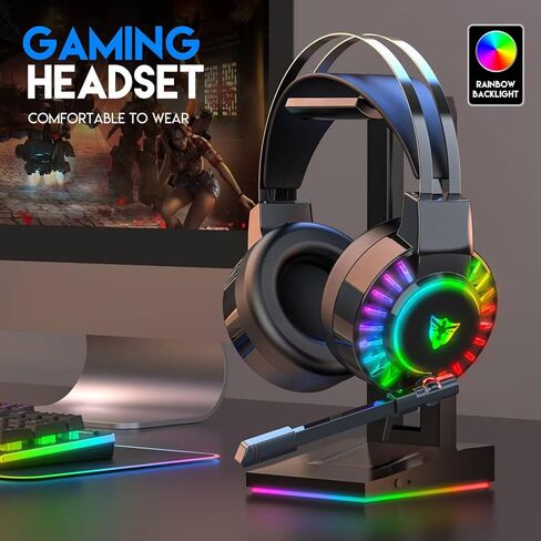 Wired Gaming Headset for PS4 PC Xbox One PS5 Controller, Noise Cancelling Over Ear Headphones with Mic, 7 Color LED Light, 7.1 Surround Sound, Soft Memory Earmuffs for Nintendo Xbox Series(Black) in Saudi Arabia