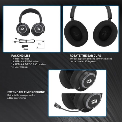 Redragon H891 Wireless Gaming Headset, Tri-Mode (2.4G/BT/Wired), 65H Battery, 50mm Drivers & 7.1 Surround Sound, Noise-Cancelling Retractable Mic, Compatible with PC, PS5, NS, Mac, Mobile in Saudi Arabia