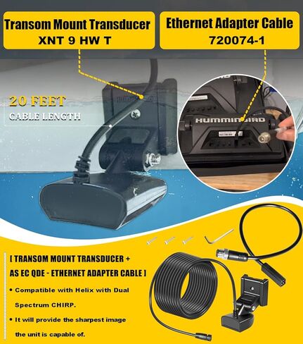 XNT-9-HW-T Transom Temperature Transducer & 720074-1 AS EC QDE Ethernet Adapter Cable for Humminbird Helix 5/7/8/9/10/12 with Dual Spectrum Chirp Sonar 710274-1, 20 Feet Cable Length in Saudi Arabia