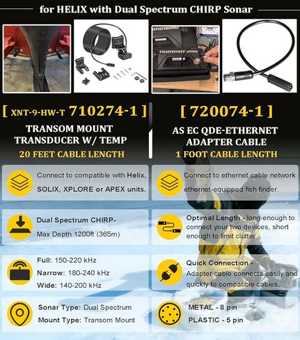 XNT-9-HW-T Transom Temperature Transducer & 720074-1 AS EC QDE Ethernet Adapter Cable for Humminbird Helix 5/7/8/9/10/12 with Dual Spectrum Chirp Sonar 710274-1, 20 Feet Cable Length in Saudi Arabia
