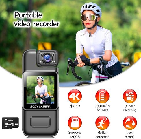 2K Mini Body Camera with WiFi App and Built-in Screen, Portable Wearable Camera with 180° Rotating Lens, IR Night Vision, Loop Recording, Clip-On Video Recorder for Cycling, Travel, Outdoor (0, GB) in Saudi Arabia