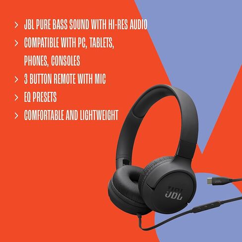 JBL Tune 520C USB-C Wired on-Ear Headphones with Hi-Res Audio Support, JBL Pure Bass Sound, USB-C connectivity, 3-Button Remote with Microphone and EQ presets Control (Black) (Renewed) in Saudi Arabia