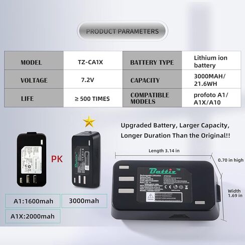 Replacement Li-Ion Battery Compatible with Profoto Camera Flash A1/A1X/A10 Series (100498/100397) 7.2V 3000mAh/21.6Wh in Saudi Arabia