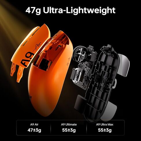 ماوس الألعاب اللاسلكي ATK Dragonfly A9 Air، مستشعر PAW3950 الفائق، DPI يصل إلى 42000، 47 جم خفيف الوزن، 8K استقصاء، عمر بطارية 300 ساعة، 5 أزرار قابلة للبرمجة، وضع مزدوج 2.4G/سلكي - برتقالي غروب الشمس in Kuwait