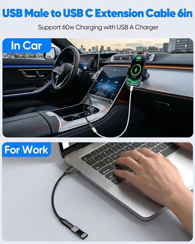 محول USB C أنثى إلى USB ذكر 2 حزمة، كابل تمديد USB C أنثى إلى USB A ذكر 10 جيجابت في الثانية 6 بوصات، USB 3.2 Gen 2 OTG، 60 وات و3 أمبير كابل محول USBA إلى USBC لأجهزة الكمبيوتر المحمول، الكمبيوتر الشخصي، قرص U، Mag-safe in Saudi Arabia