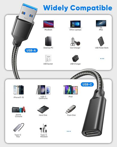 محول USB C أنثى إلى USB ذكر 2 حزمة، كابل تمديد USB C أنثى إلى USB A ذكر 10 جيجابت في الثانية 6 بوصات، USB 3.2 Gen 2 OTG، 60 وات و3 أمبير كابل محول USBA إلى USBC لأجهزة الكمبيوتر المحمول، الكمبيوتر الشخصي، قرص U، Mag-safe in Saudi Arabia