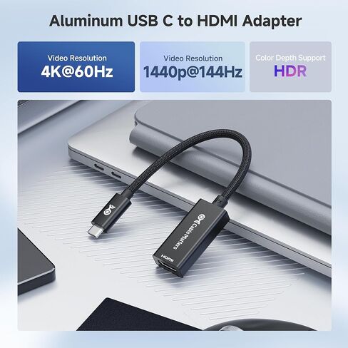 كابل ماتس من الألومنيوم USB C إلى محول HDMI، 4K@60 هرتز، 1440p@144 هرتز، HDR، 4K USB من النوع C إلى محول HDMI لأجهزة iPhone 17/16، MacBook، الكمبيوتر اللوحي، التلفزيون والشاشة in Saudi Arabia