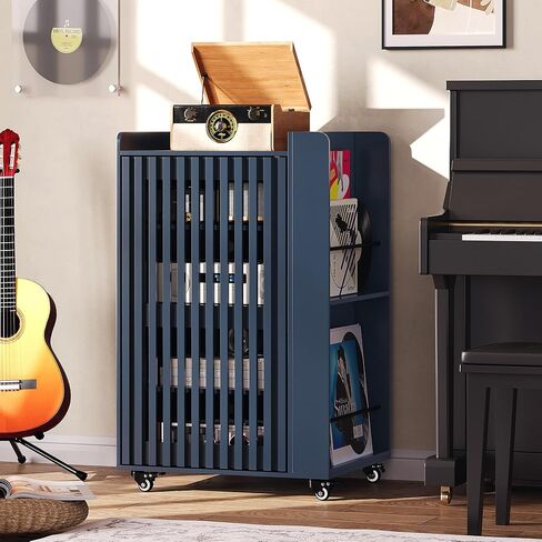 Rolling Media Cabinet with Side Vinyl Record Storage, 5-Tier Large Stereo Cabinet with Door and Cable Management, Audio Video Shelf for Living Room Gaming Room Music Room (Blue) in Saudi Arabia
