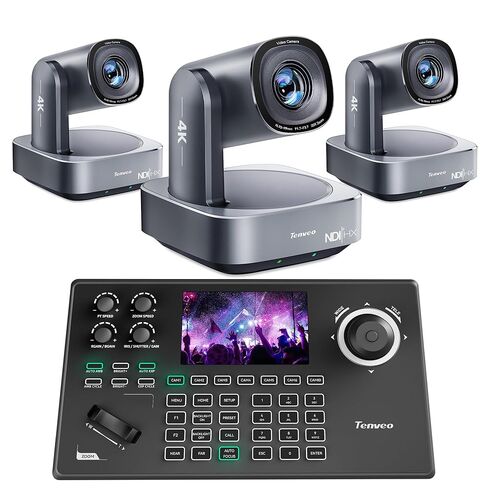 Tenveo 4K PTZ Camera and Controller Bundle/Kits - 20X AI Tracking HDMI/USB/LAN(PoE) 4K NDI PTZ Camera(3PCS) with NDI PTZ Controller 5-Inch LCD 4D Joystick for Church Live Streaming Conference in Saudi Arabia
