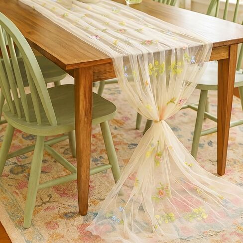 Lounsweer 3 Pcs Wildflower Table Runner 10ft/ 29 Inch x 120 Inch White Embroidery Wildflower Spring Summer Tulle Lace Runner for Table Wedding Bridal Baby Shower Holiday Dining Decor DIY in Saudi Arabia