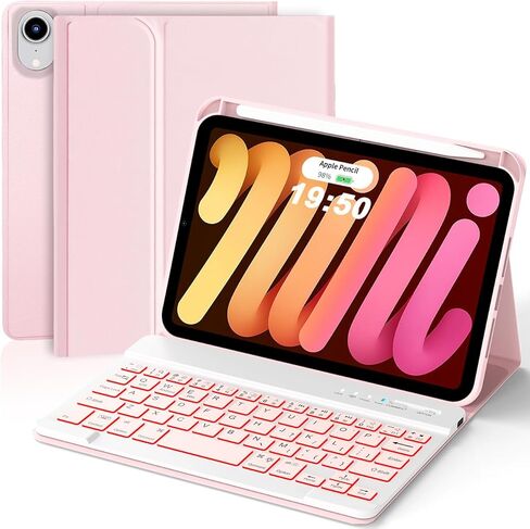حافظة لوحة مفاتيح iPad mini 7th Gen 6th مع حامل أقلام بإضاءة خلفية 7 ألوان - غطاء مغناطيسي قابل للفصل لجهاز iPad mini 7 (2024 A17 Pro) iPad mini 6 (2021) 8.3 بوصة، بطارية طويلة بحامل متعدد الزوايا in Kuwait