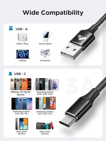 كابل Aioneus USB C بطول 10 أقدام، كابل USB A إلى C طويل 3A سلك شحن سريع، شاحن هاتف Android 5G من النوع C لهاتف Samsung Galaxy S26 S25 S24 S23 A12 A13 A15 A16 A17 A21 A25 A36 A42 A52، iPhone 17 15 16، LG in Saudi Arabia