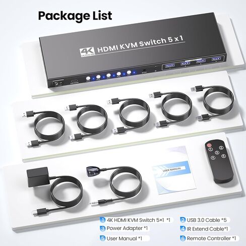 5 منافذ HDMI KVM Switch، 4K@60 هرتز USB 3.0 KVM Switch 1 شاشة 5 أجهزة كمبيوتر لتشغيل 5 أجهزة كمبيوتر مع لوحة مفاتيح واحدة وماوس وشاشة in Kuwait